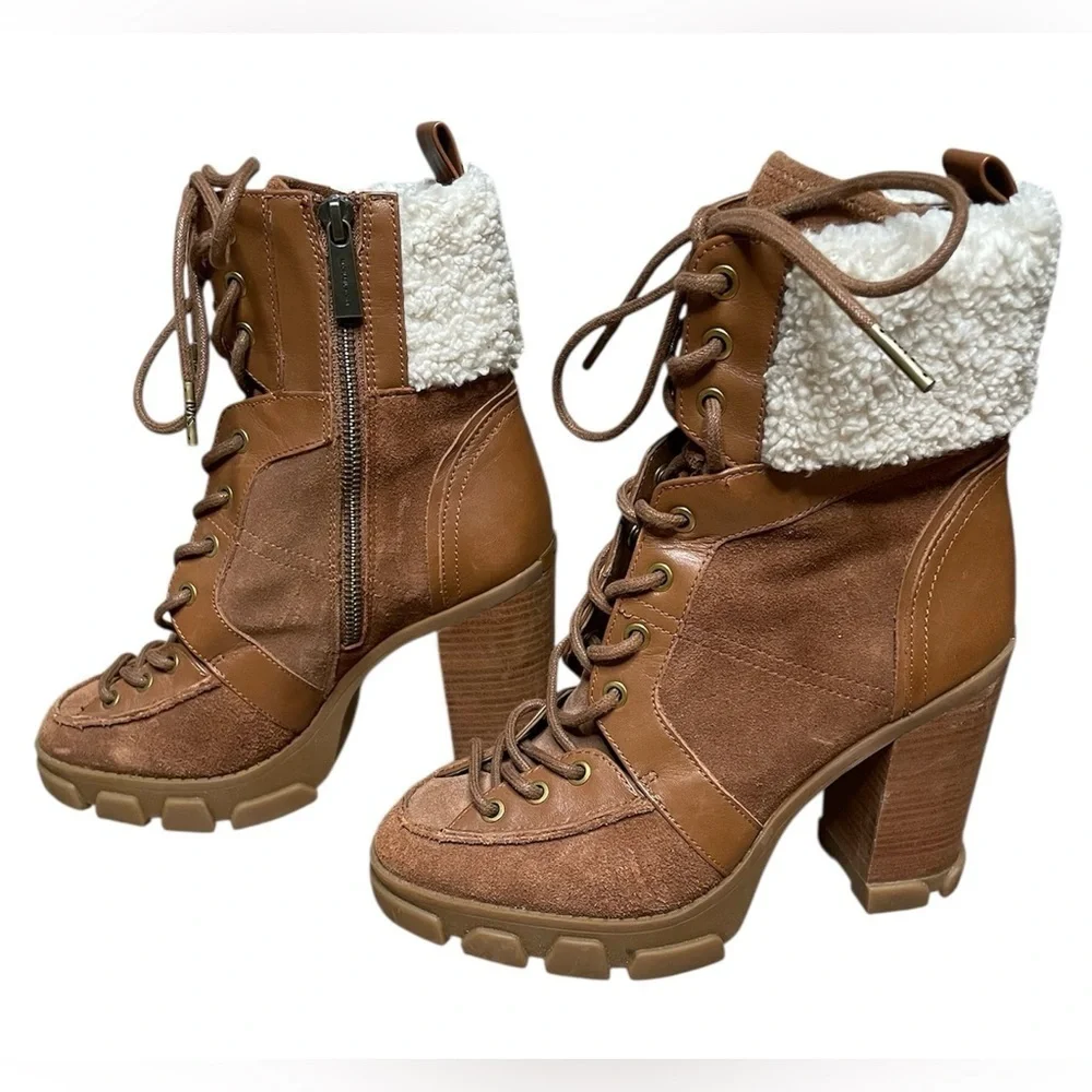 Michael Kors Ridley Leather And Sherpa Lace Up Boots Size 6.5 Women’s Brown